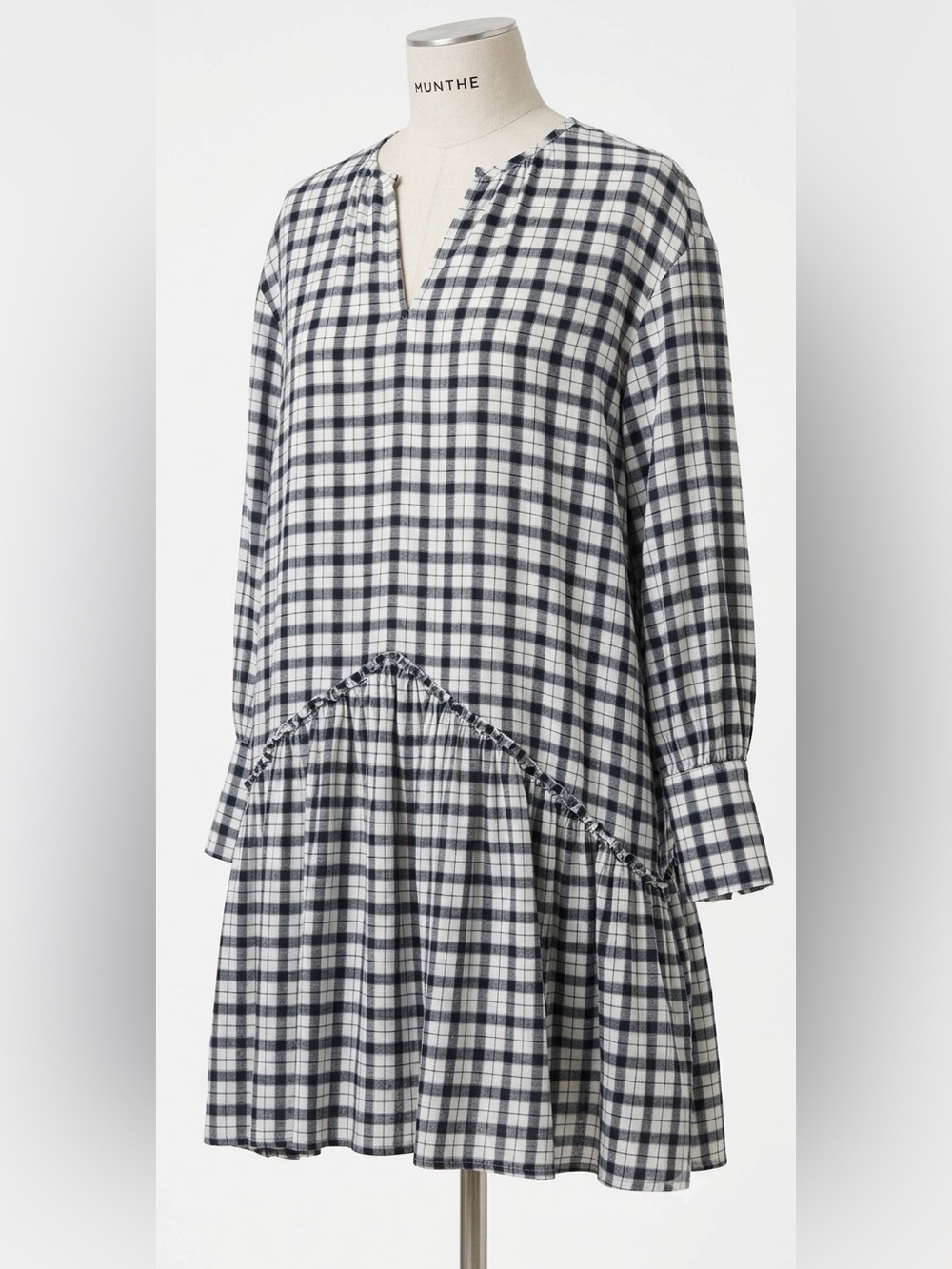 MUNTHE 100% Cotton Black White Plaid Babydoll Mini Dress 34 US XS S M